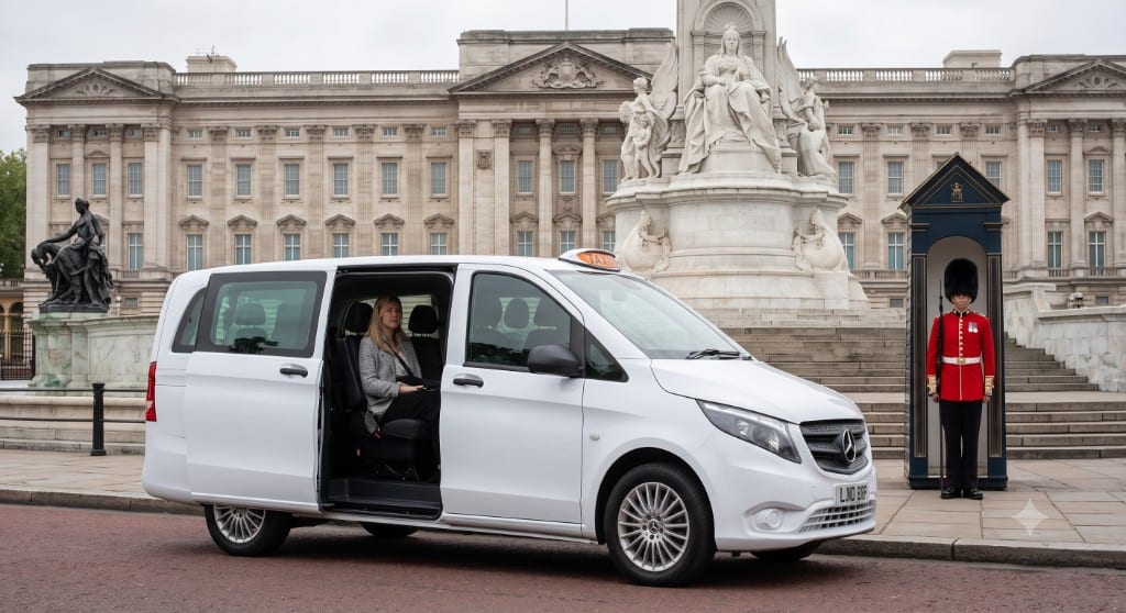 White Mercedes-Benz Vito people-carrier taxi parked outside Buckingham Palace in London — UK cab and taxi hire