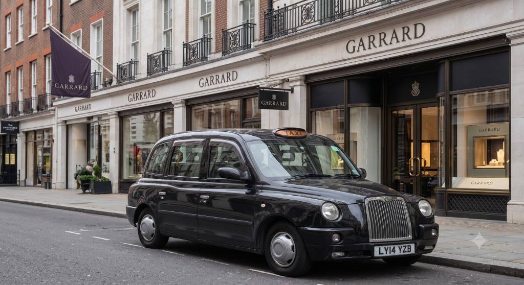 London black cab parked on an upmarket Mayfair street in central London — executive private-hire taxi