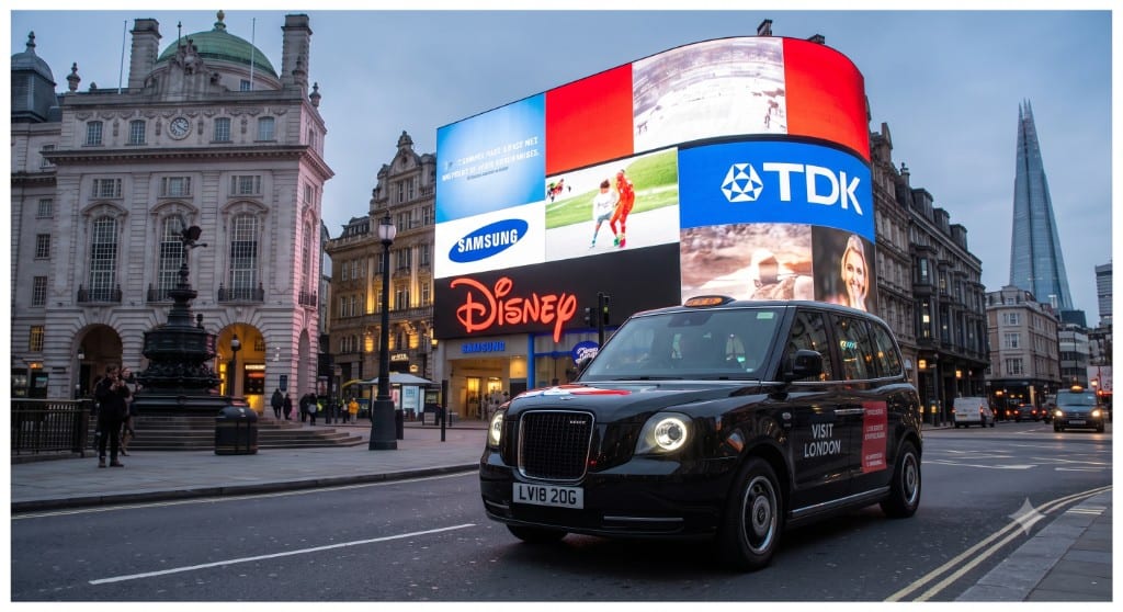London black cab at Piccadilly Circus with the Shard in the background — city centre taxi service