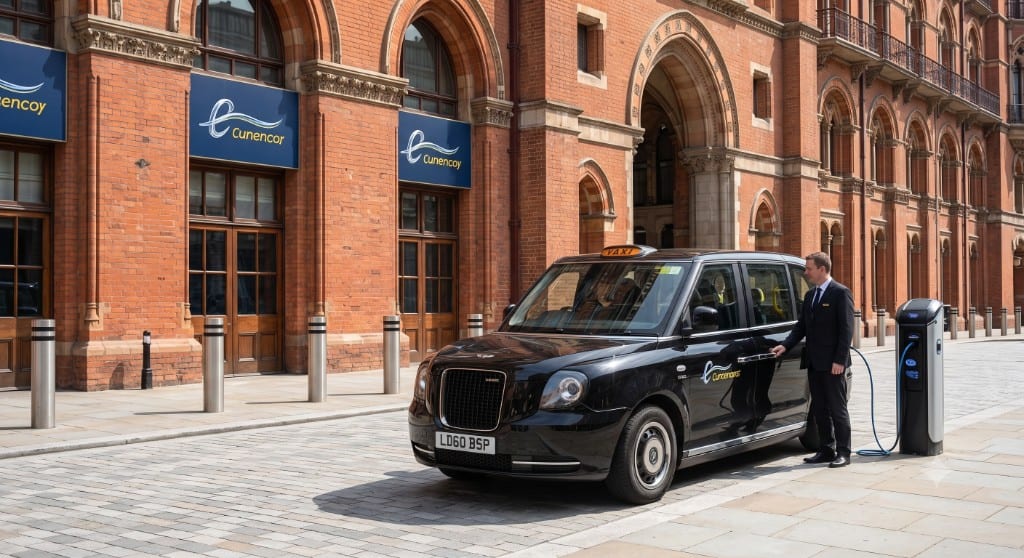 Driver charging a modern electric London black cab outside St Pancras station — eco-friendly UK taxi hire