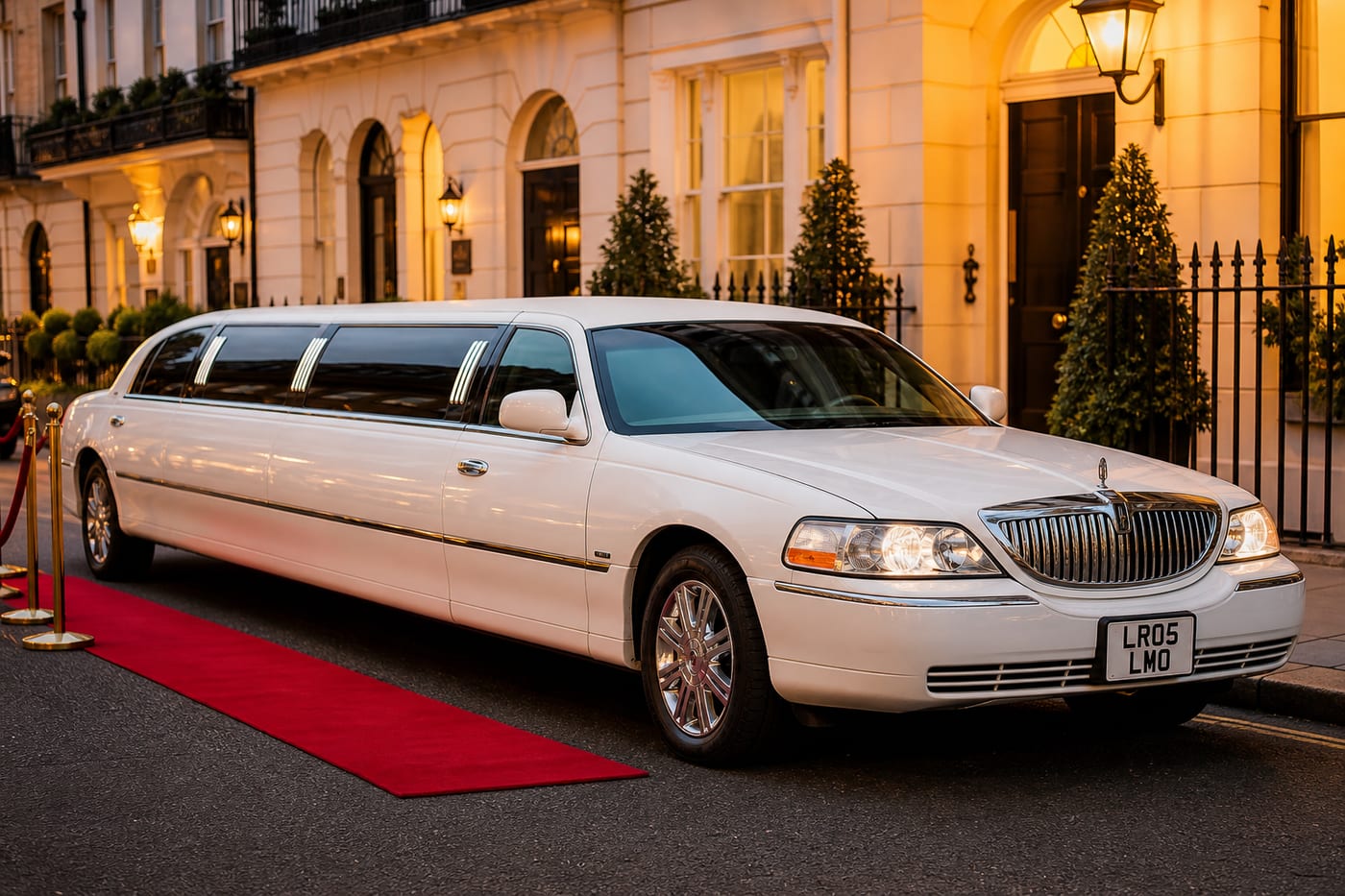 White stretch Lincoln limousine outside a London venue — wedding and prom limousine hire UK