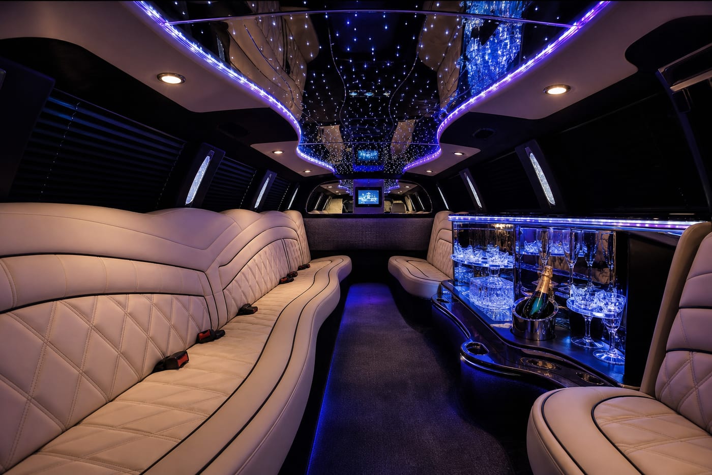 Luxury limousine interior with LED starlight ceiling and champagne bar