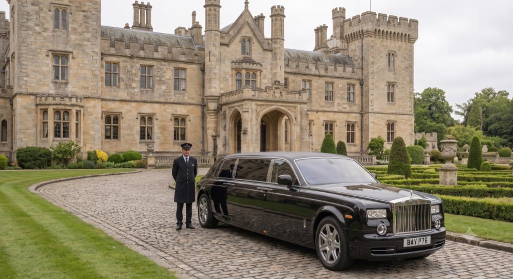 Black Rolls-Royce Phantom limousine with uniformed chauffeur outside a stately home — luxury wedding and VIP limousine hire UK