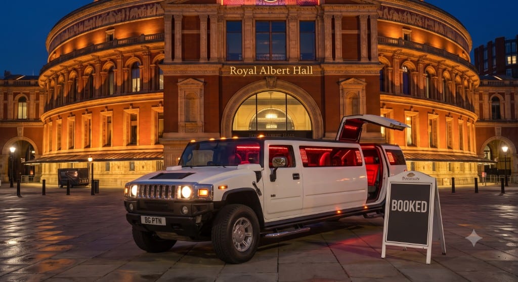 White stretch Hummer H2 limousine outside the Royal Albert Hall in London — party limousine hire UK