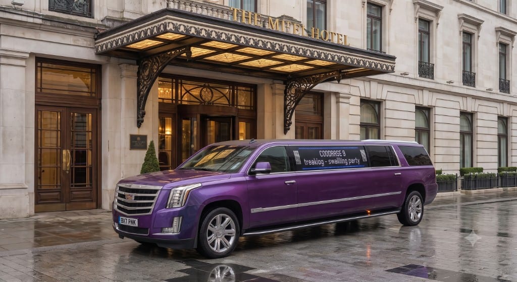 Purple stretch Cadillac Escalade limousine outside a luxury London hotel — hen party and birthday limousine hire