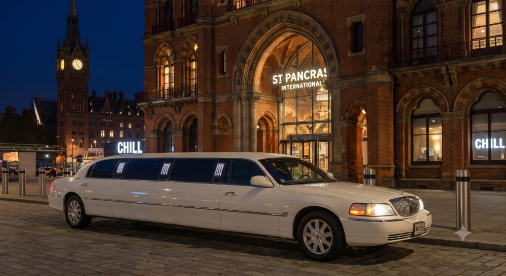 White stretch Lincoln Town Car limousine at night outside St Pancras International, London — prom and night-out limousine hire UK